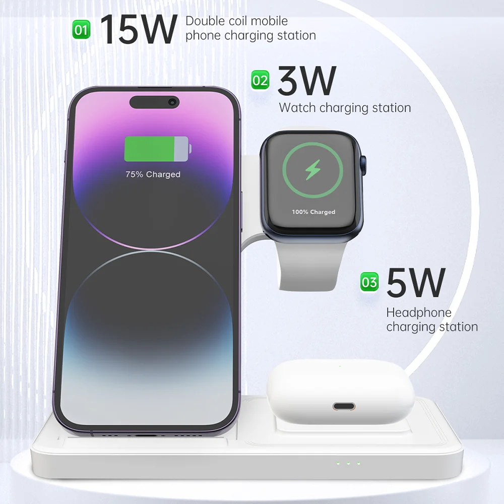 15W Fast Wireless Charger Stand 3 in 1 Foldable Charging Station For iPhone 15 14 13 12 Pro Max Apple Watch 9 8 7 Airpods Pro