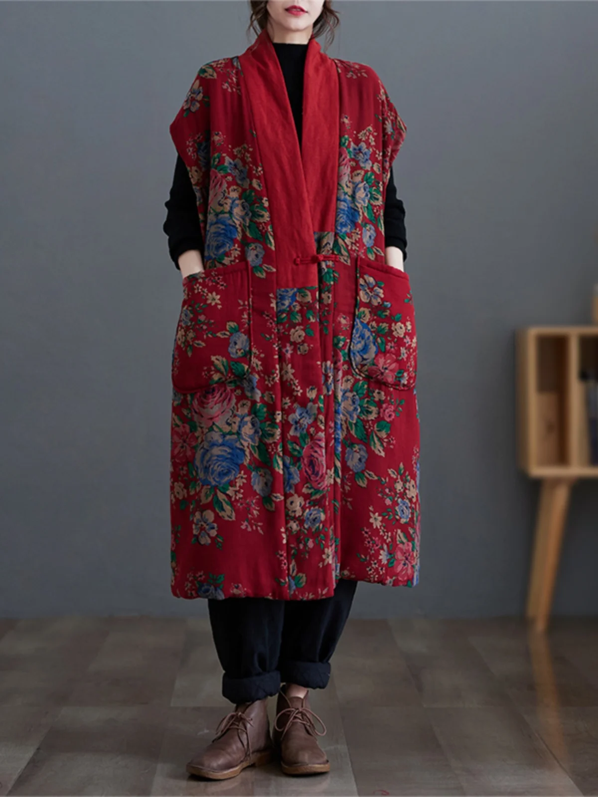

Original Design Winter New Cotton Linen Women's Mid-Length Warmth Vest National Sle Cotton Jaet Commute Plant Floral