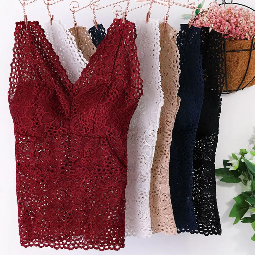 35 % Hot Sales！Tank Top with Pads Perspective Cut Out Lace Brassiere Camisole Top  All-Match Women Bralette Inside Wear