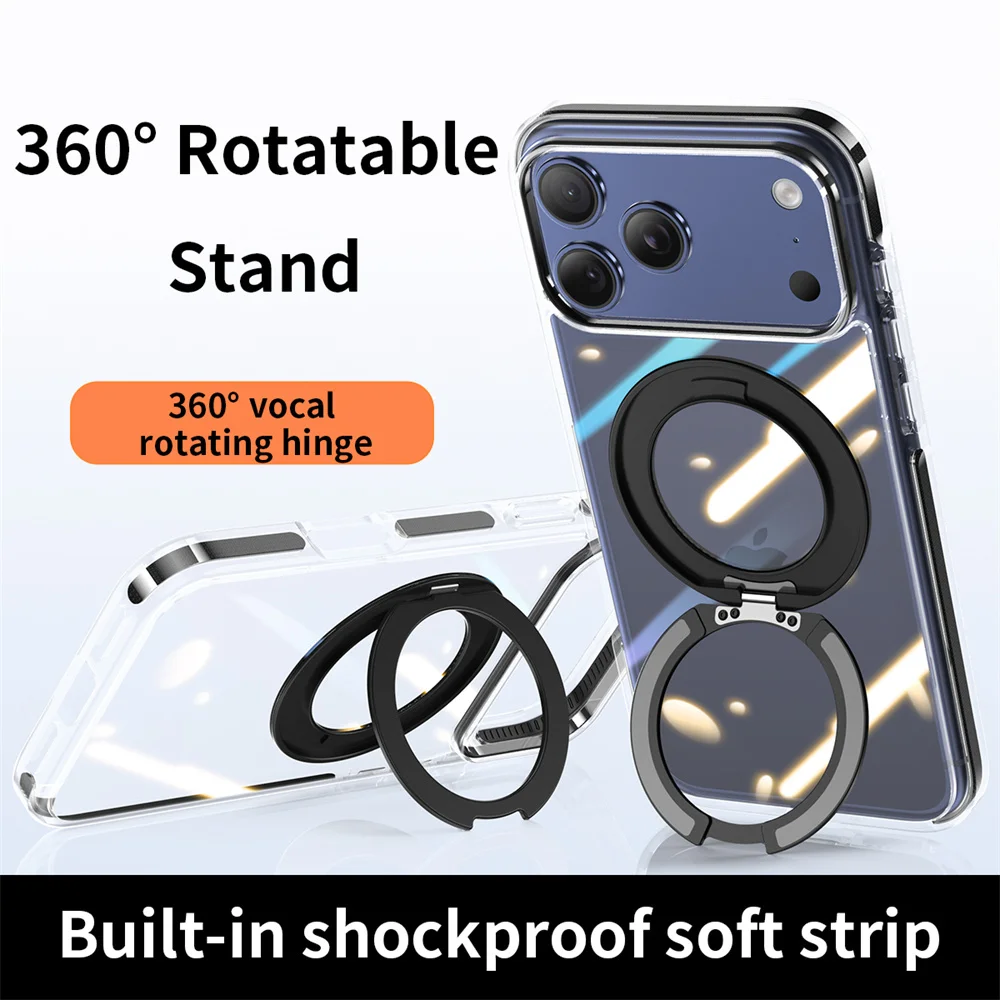Crystal Transparent Acrylic Magnetic Rotating Stand Phone Case For iPhone 17 Pro Max Frame Built-in Anti-Shock Strip Armor Cover