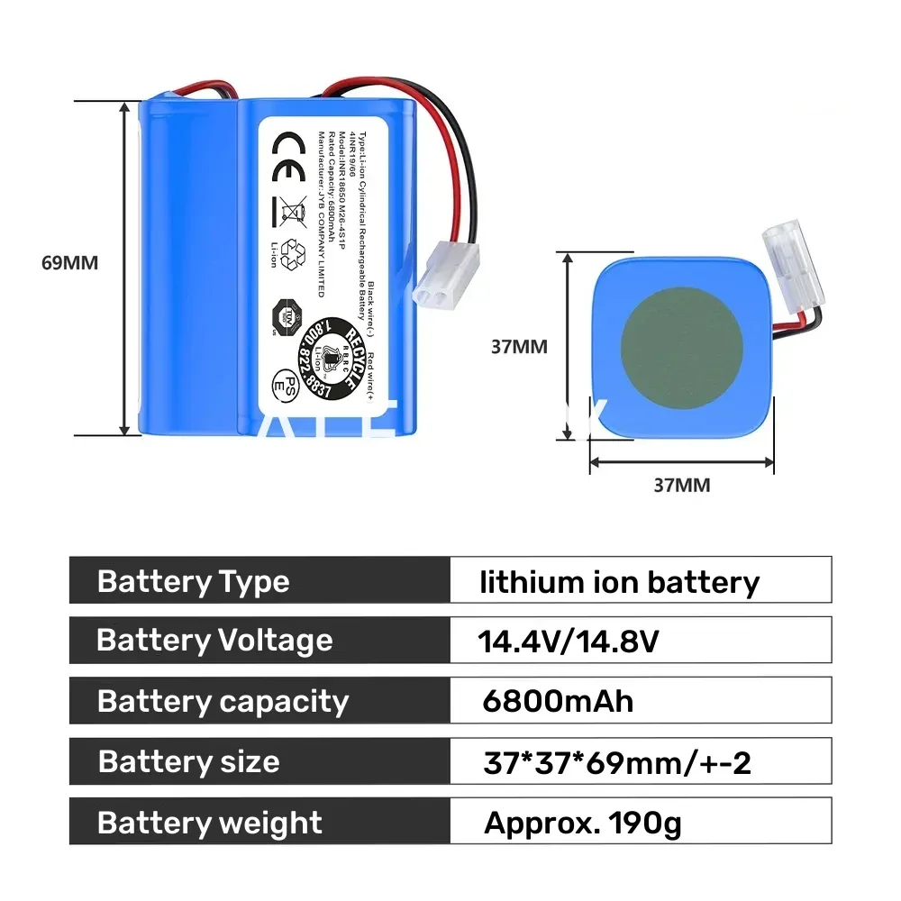 6800mAh Battery H18650CH-4S1P for Xiaomi Mi Robot Vacuum Mop Essential MJSTG1, Mijia G1 14.8V, SKV4136GL, Tefal Explorer Series