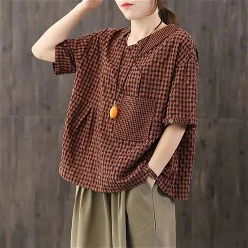 Women\'s Clothing 2023 Japanese Style Vintage Plaid Cotton Linen Streetwear T-shirts Summer Simple Casual Short Sleeve Loose Tops