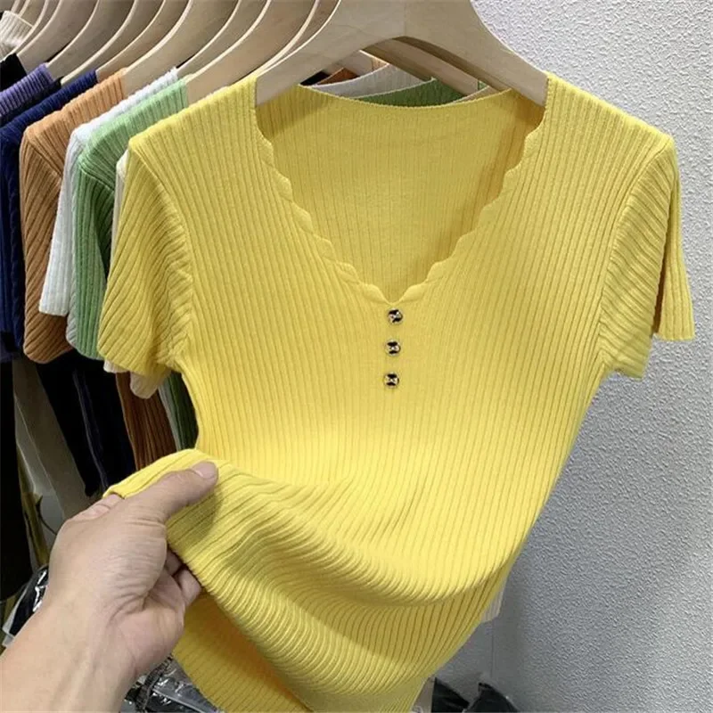 

Fashion Women Short Sleeve Knitted T-shirt Korean Summer Female Clothing New Slim Pullover All-match Solid Basic Chic Casual Top