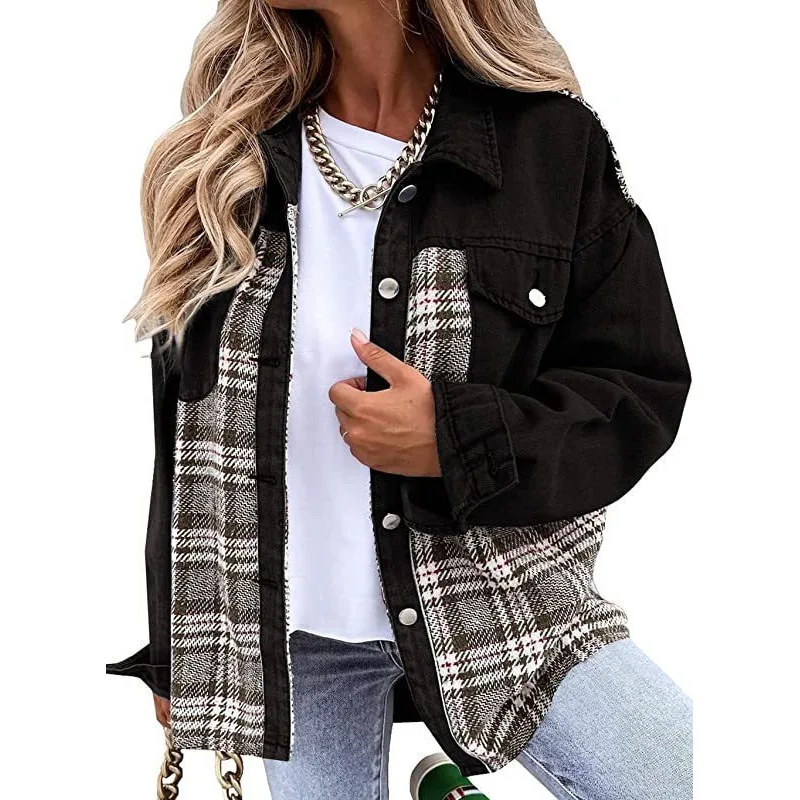 2023 New Winter Fashion Plaid Color Matching Trend Casual Shake Head Button Shirt Collar Versatile Commuting Style Denim Jacket