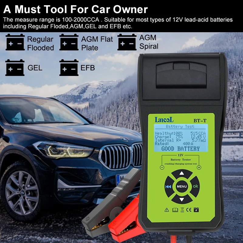 Lancol BT-T Car Battery Tester Battery System Analyzer with Printer Multilanguage Automotive Power System Diagnostic Meter