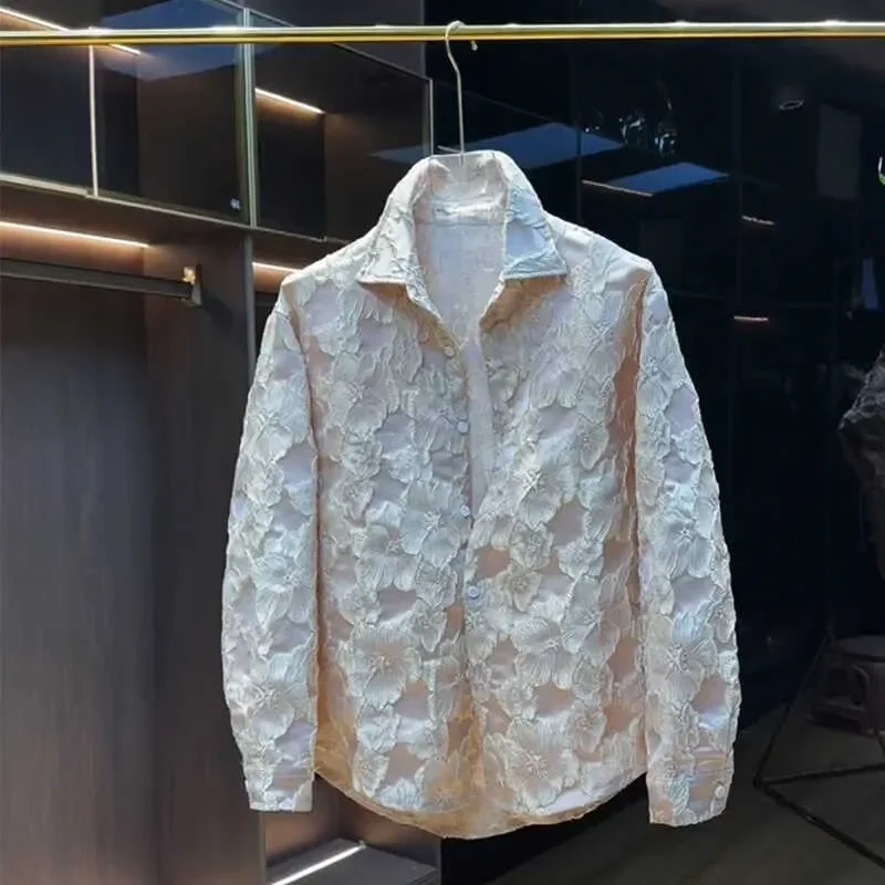 

Осенняя высококачественная рубашка с бронзовым цветком и тиснением, мужская мода, свободный кардиган с длинными рукавами и пуговицами с лацканами