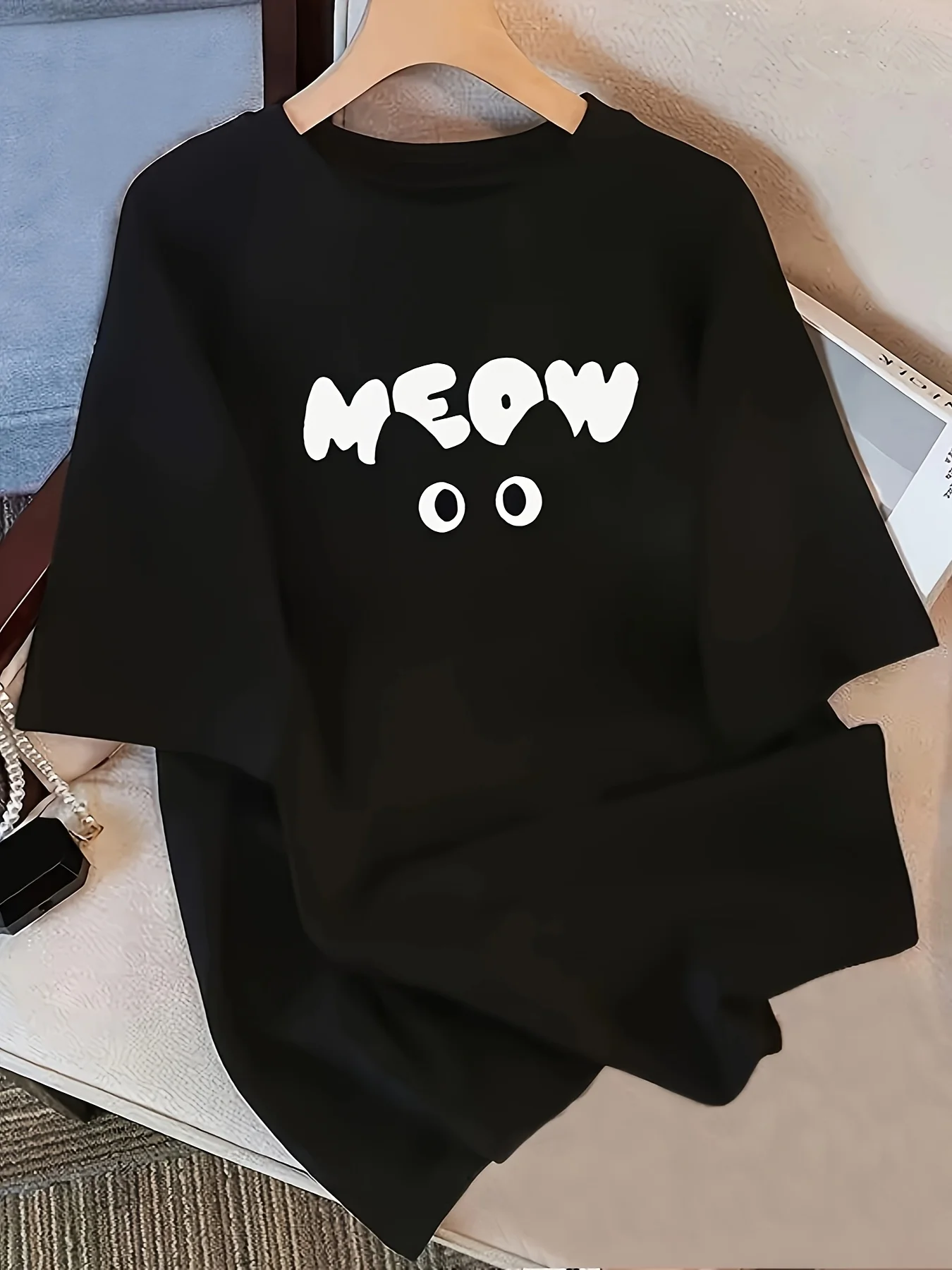 تي شيرت نسائي كاجوال مع جرافيك "MEOW" بأكمام قصيرة ورقبة دائرية لجميع المواسم لملابس غير رسمية صيف 2025 #1