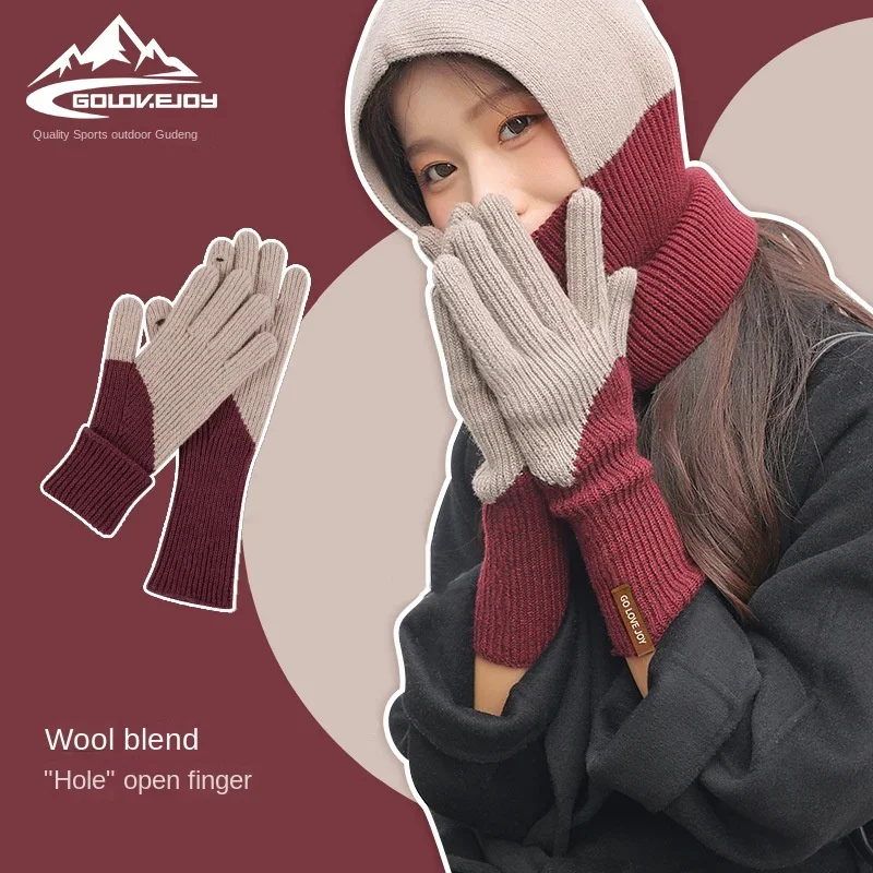 New winter wool color matching knitted plus velvet warm gloves dew finger touch screen ladies gloves