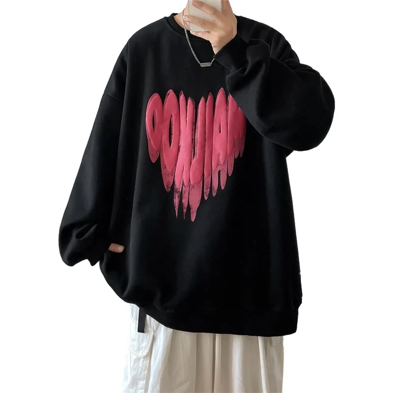 Man Sweatshirts Love Printing Plush Autumn and Winter Long Sleeve Loose O-Neck Casual Oversized Hooded Y2K Streetwear