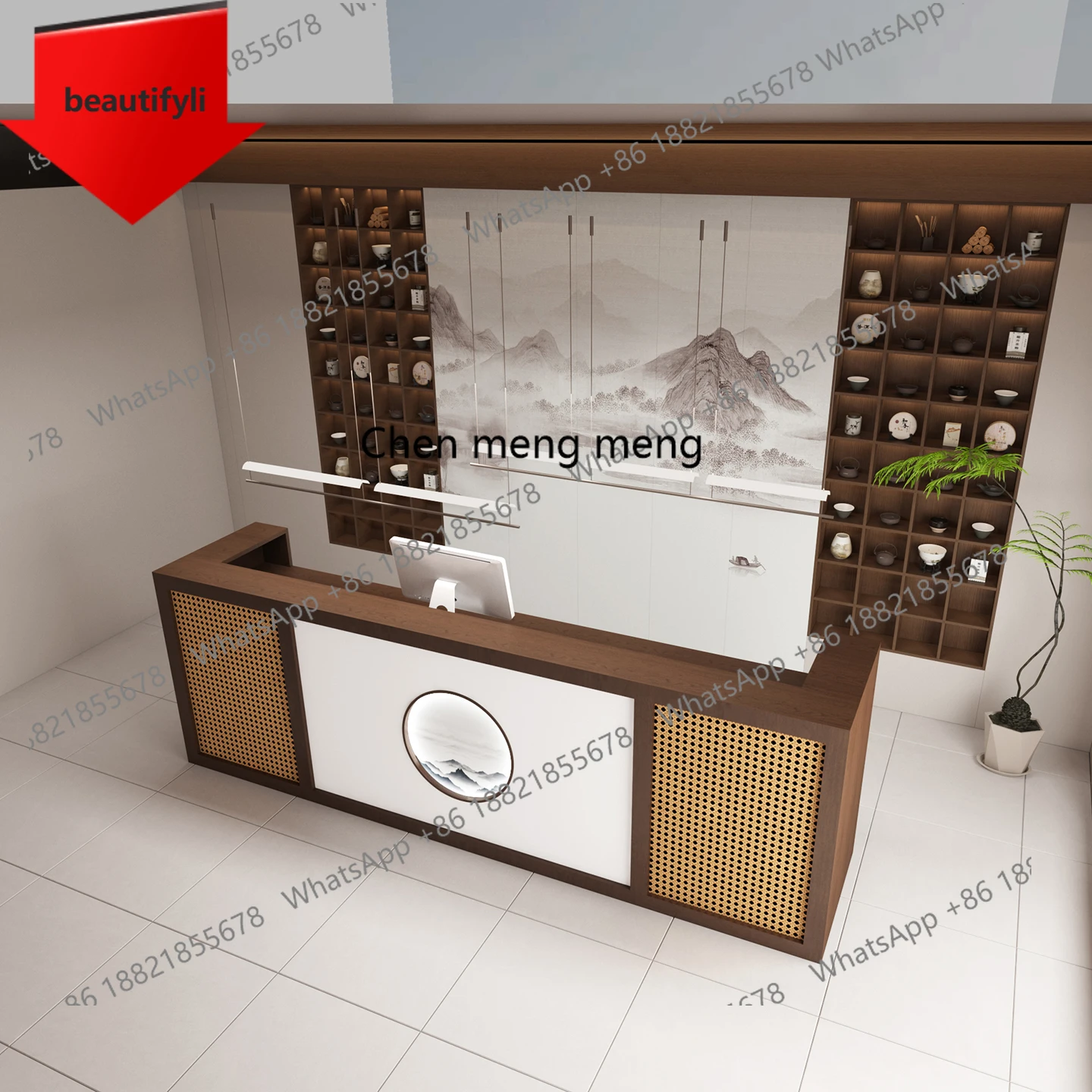 

M07 New Chinese style checkout page Teahouse retro bar counter rattan front desk hotel reception desk