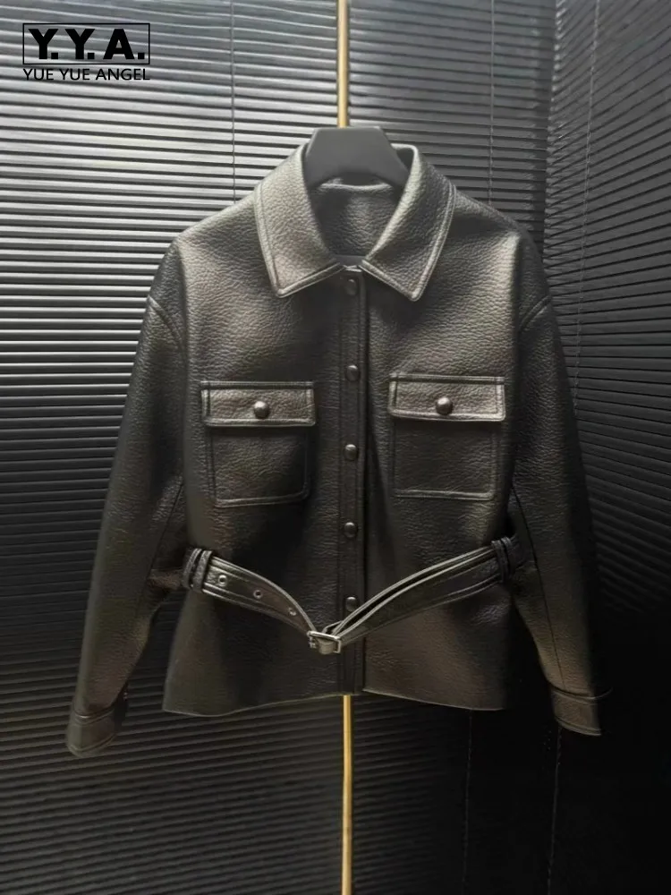 디자이너 여성 빈티지 천연 가죽 재킷 하이 스트리트 턴다운 칼라 싱글 브레스티드 허리띠 펑크 양가죽 모터사이클 코트