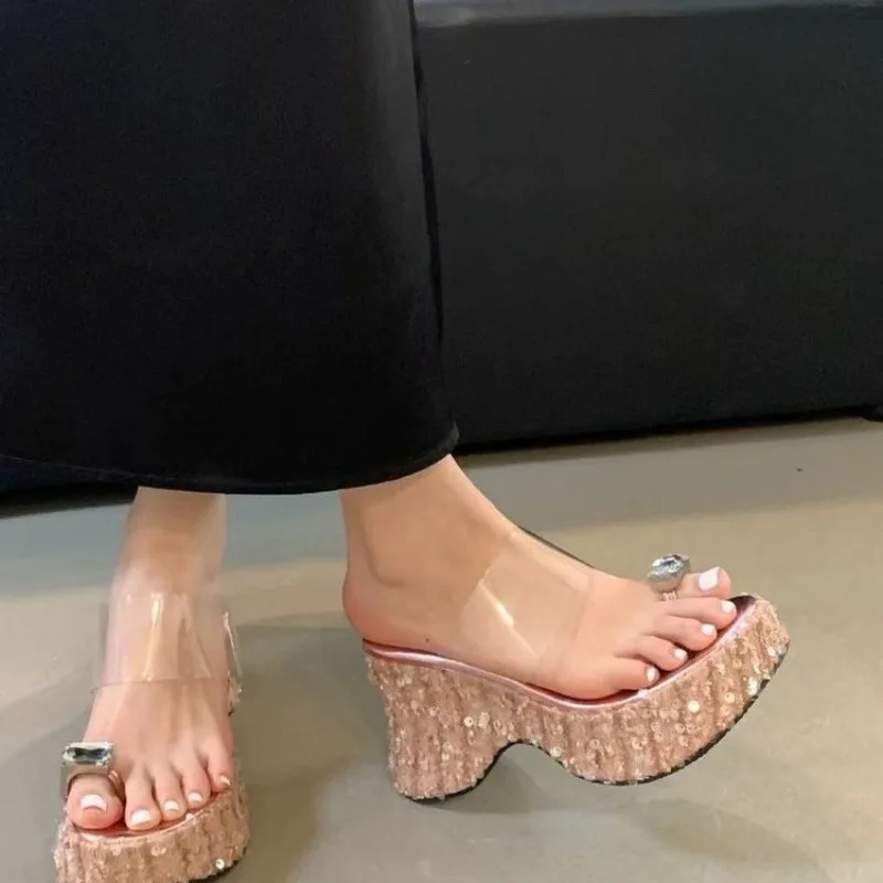 Transparent Slippers Low Summer Women's Shoes Platform Square heel Pantofle Slides Heeled Mules Block 2025 High Rome Rubber PVC