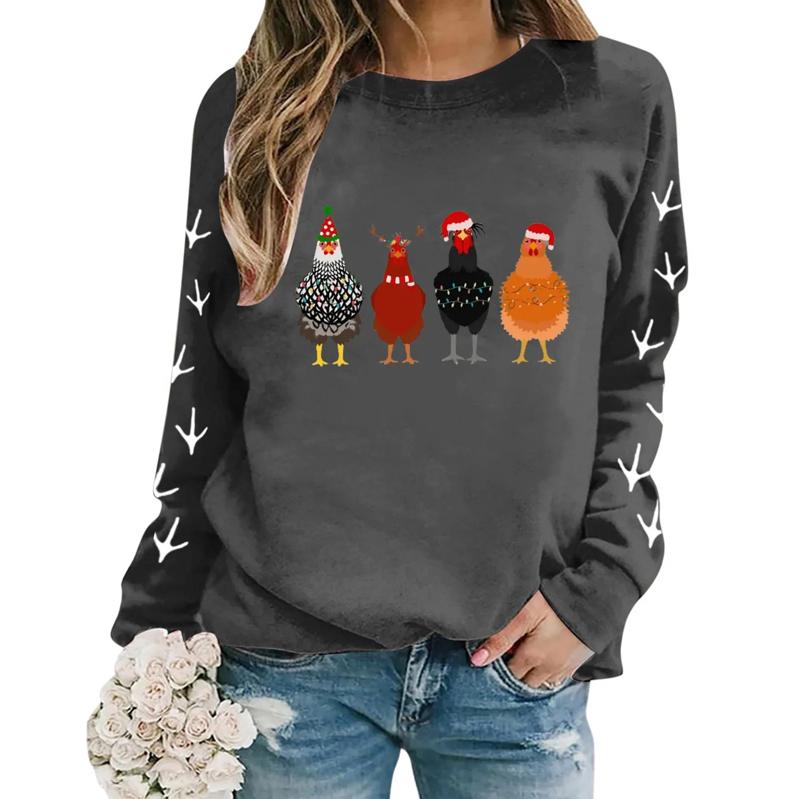 Christmas Oversize Long Sleeve Pullover Women Crewneck Chicken Printed Lightweight Hoodies Loose Fit Festive Sweatshirts