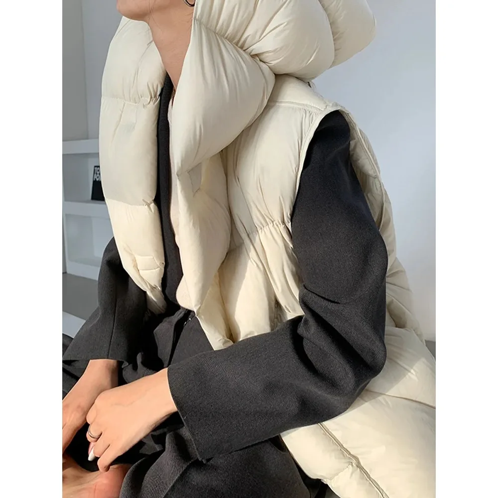 سترة نسائية بغطاء للرأس شتوية سميكة للخبز سترة 90% خفيفة للغاية بيضاء مبطنة أسفل بدون أكمام ملابس خارجية فضفاضة للسيدات #4