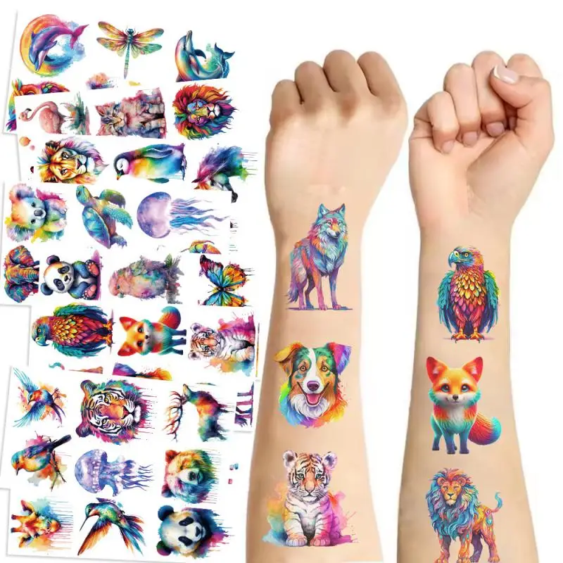 10Pcs/set Colorful Animal Temporary Tattoo Stickers Tiger Dog Tattoo For Birthday Party Body Art Tattoos Sticker