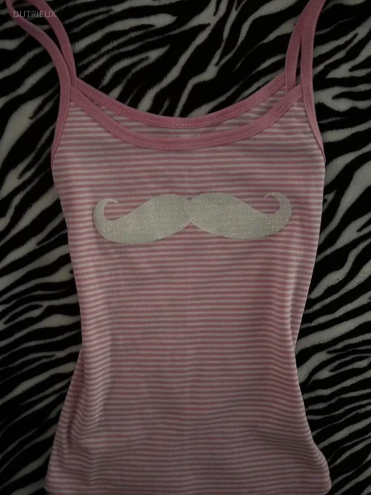 Y2k Aesthetics Grunge Stripe Tank Top Women Harajuku Beard Print Bodycon Vest 2026 Summer Streetwear Cropped Vintage Camisole