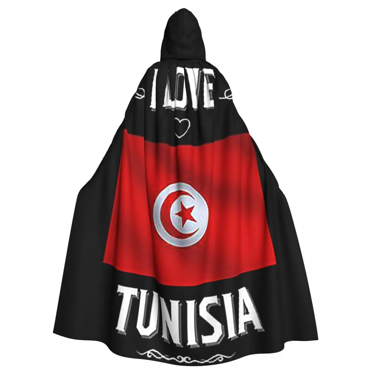 I Love Tunisia Tunisia Flag Long Hooded Cloak Witch Medieval Costume Cosplay Cape HalloweenParty Adult Unisex