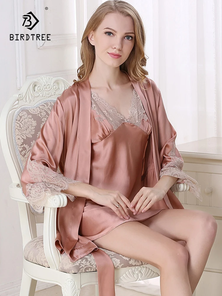 

Birdtree 16MM 100%Mulberry Silk Sleeping Robes Dress Sleepwear Nightgowns Women Two-Piece Bathrobe Sets Lace Nightwear P38864QC