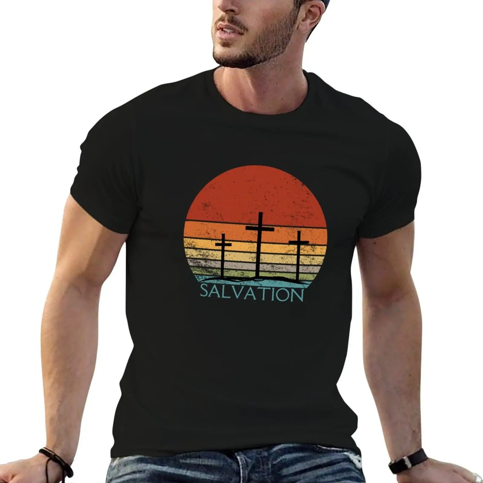 T-shirt avec motif de croix chrétienne et silhouette de coucher de soleil, t-shirt essentiel pour homme, t-shirt drôle, humoristique, humoristique noirâtre