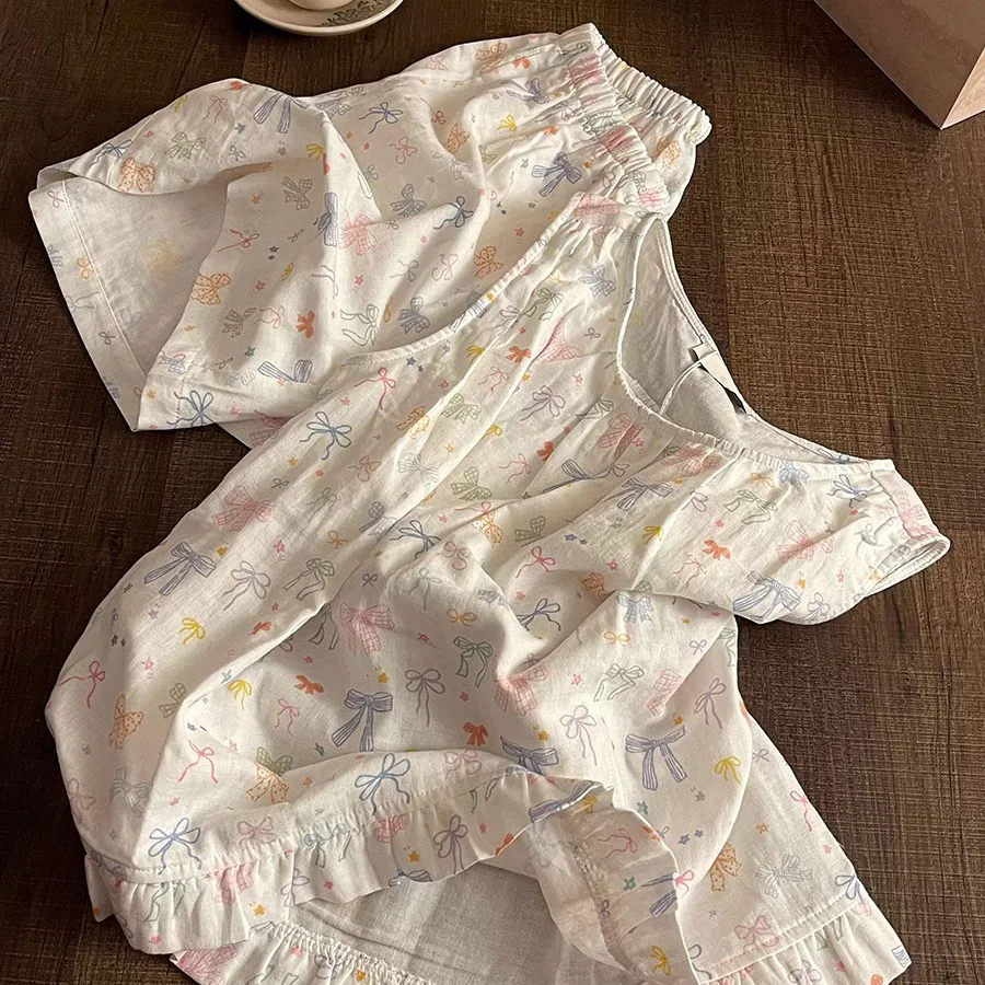 Korean version of large size color bow printing sleeveless pajamas women's summer new cute shorts set homewear