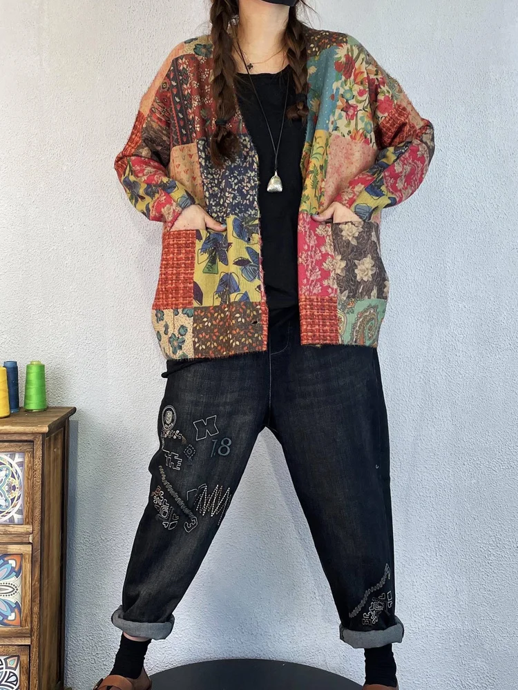 Amax luluE Winter Vintage Printed V-Neck Sweaters Womens Loose Leisure Cardigans Gothic Females Harajuku Pocket Floral Clothing