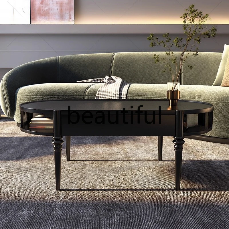 

Solid wood coffee table oval simple small apartment with glass tea table, woven rattan, fashionable