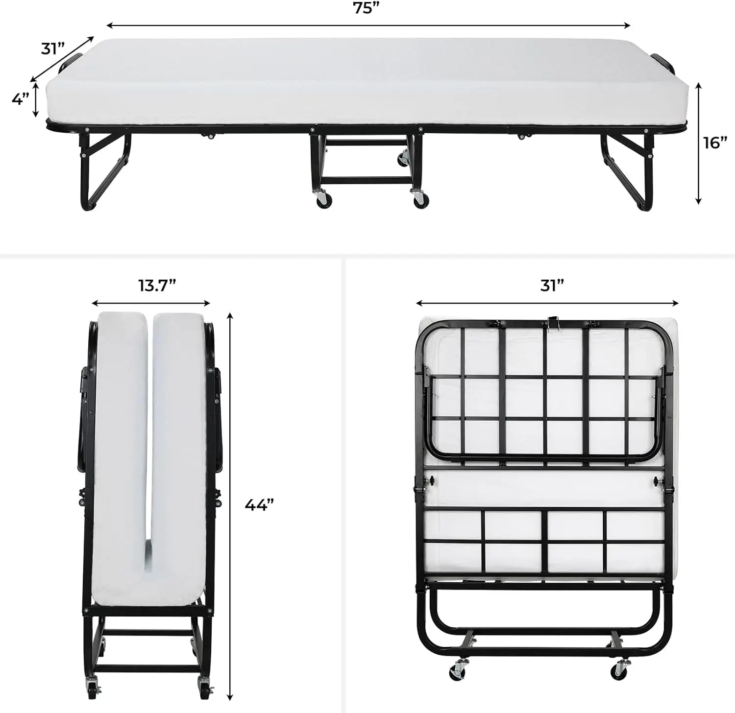 Folding Bed, Adult Guest Bed, Foldable 80x190cm with 10cm Thick Memory Foam Mattress, Single Bed, Portable Folding Bed w/ wheels