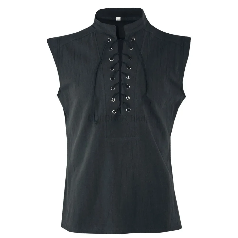 Men's Casual Shirt Black Green Steampunk Gothic Tank Tops Medieval Shirt Lace-Up Sleeveless Renaissance Pirate Shirts for Men