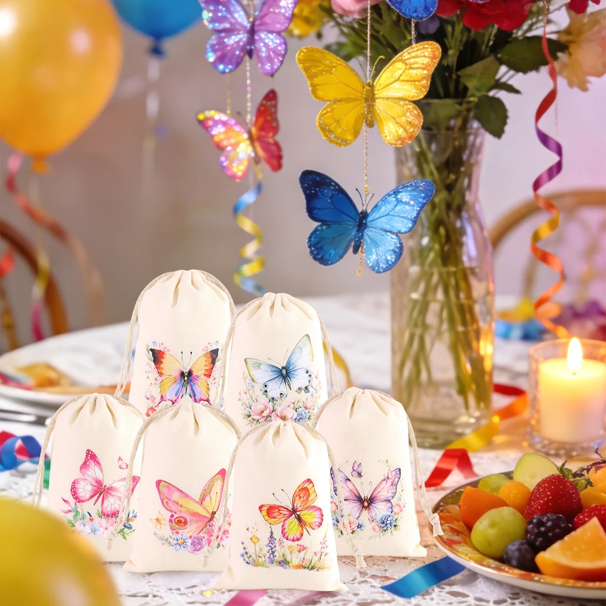 6 Stück Baumwollbeutel mit Schmetterlingsmotiv, Frühlingsparty-Geschenkverpackung, kleine Baumwollbeutel, Heimverpackungsbeutel, DIY-Geschenke für den Urlaub – Detail 7