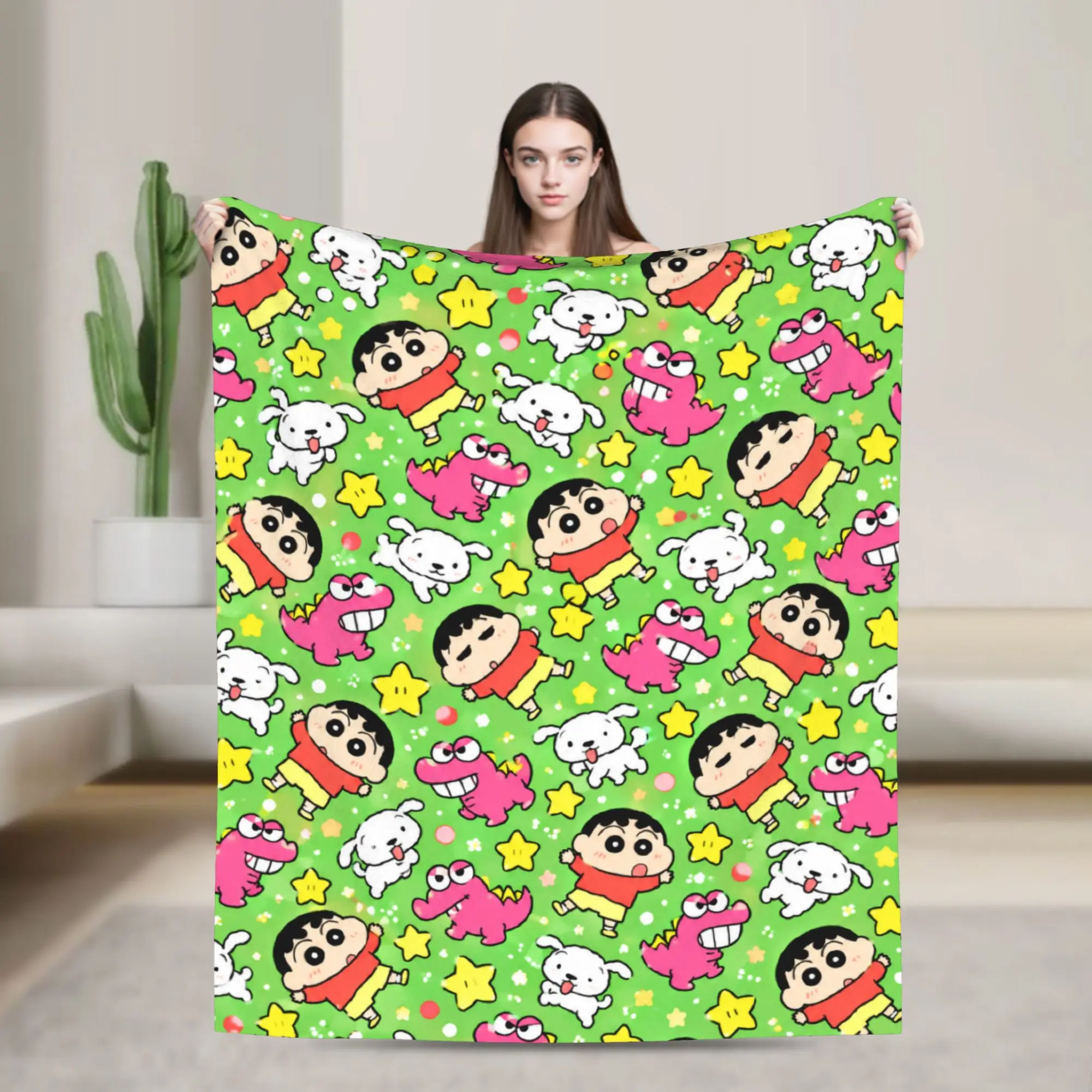 Soft Warm Blanket Students Camping Crayon Shin-chans Green Pattern Bedding Throws  Flannel Bedspread For Living Room Bed Cover