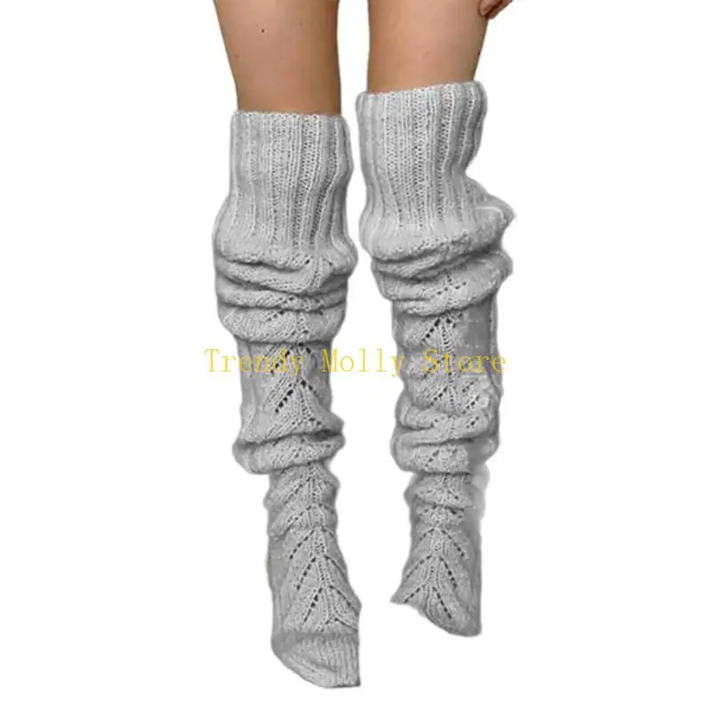 

N5KB Solid Color Thigh High Socks Women Hollowed Knitted Leg Warmers Long Stockings