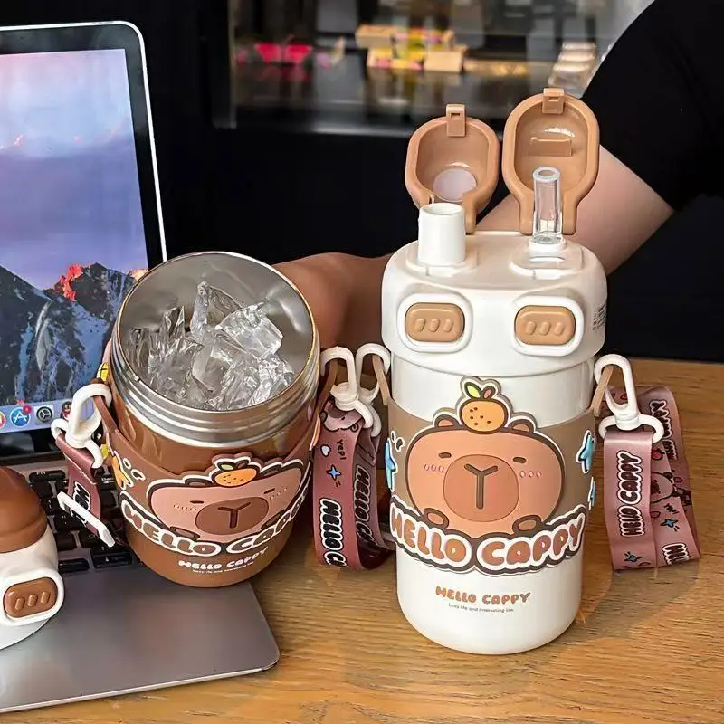 Capybara Double Drink Stainless Steel Tumblers Coffee Mug Kids Thermos Mug Portable Outdoor Flask Water Bottle With Straw view 2