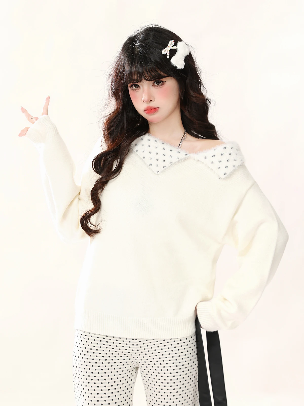 

ENJOG Autumn Winter Polka Dot Splice oulder Women's Knitted Sweater Slimming Design Korean Sle Gentle Sle Knitwear