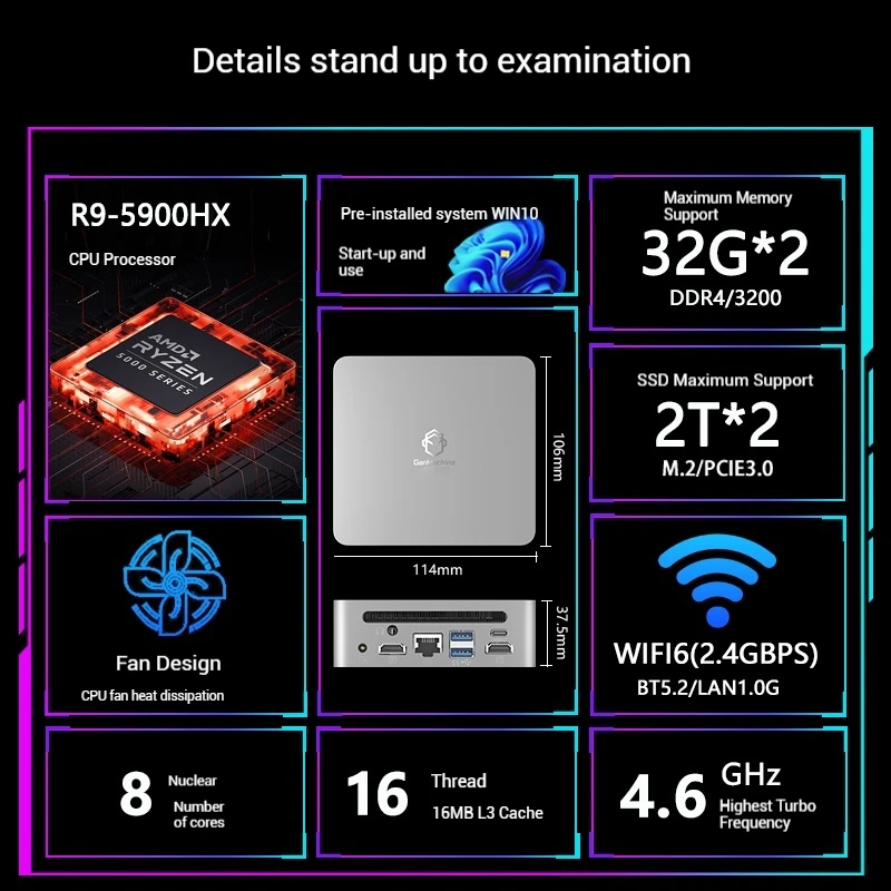 GenMachine New Mini PC Ryzen 9 5900HX Windows 11 DDR4 16G RAM+512G M.2 SSD 3.2GHz Up to 4.6GHz WIFI6 Mini Computer PC Gamer