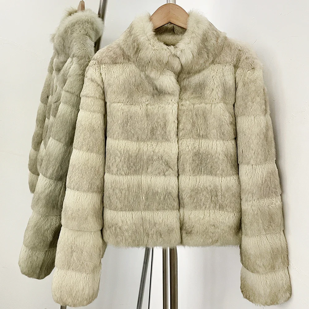 OFTBUY Jacke mit Stehkragen und horizontalen Streifen aus natürlichem Kaninchenfell, kurze Damen-Winterjacke, echter Kaninchenfellmantel für Damen – Detail 13