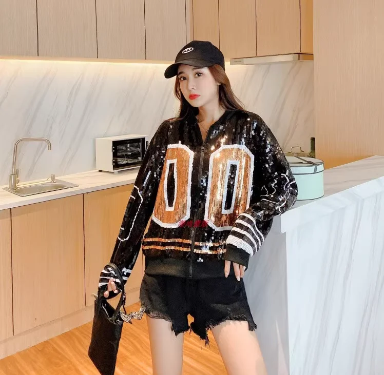 Autumn New Digit Patchwork Color Long Sleeve Sequins Stand Collar Streetwear Jackets Night Club Hip Hop Loose Women\'s Coats