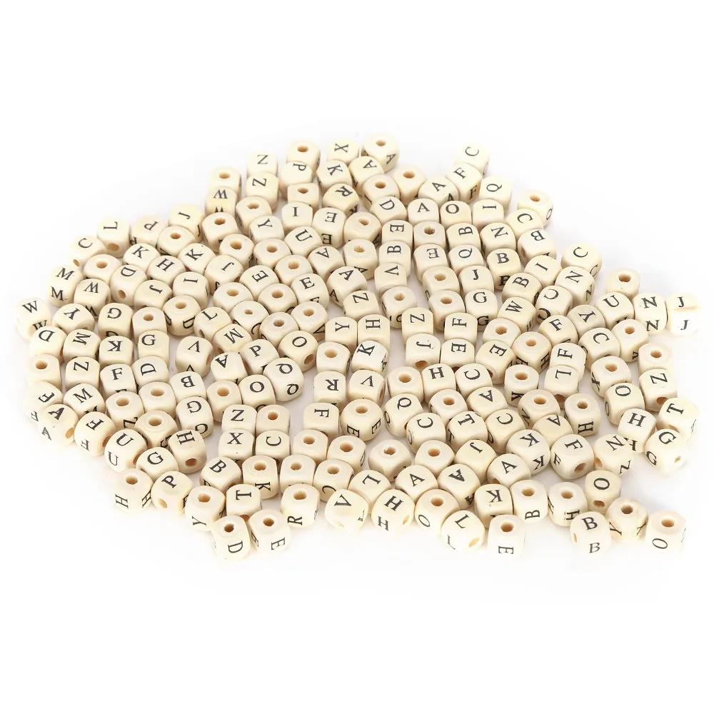 300PCS Handmade Round Hole Wooden Beads Engraved Letter 10x10mm Letter Beads Cube Beads Findings
