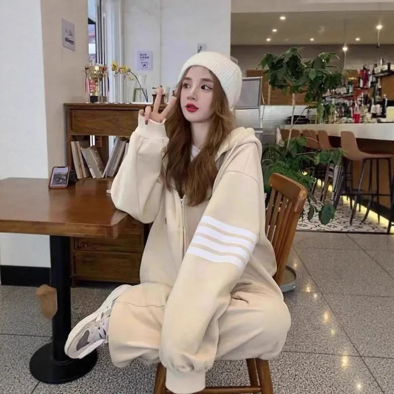 طقم ملابس رياضية رفيعة من مزيج القطن للسيدات مع قلنسوة وسروال واسع الساق مكون من قطعتين كاجوال على الطراز الكوري سترة مفتوحة #2