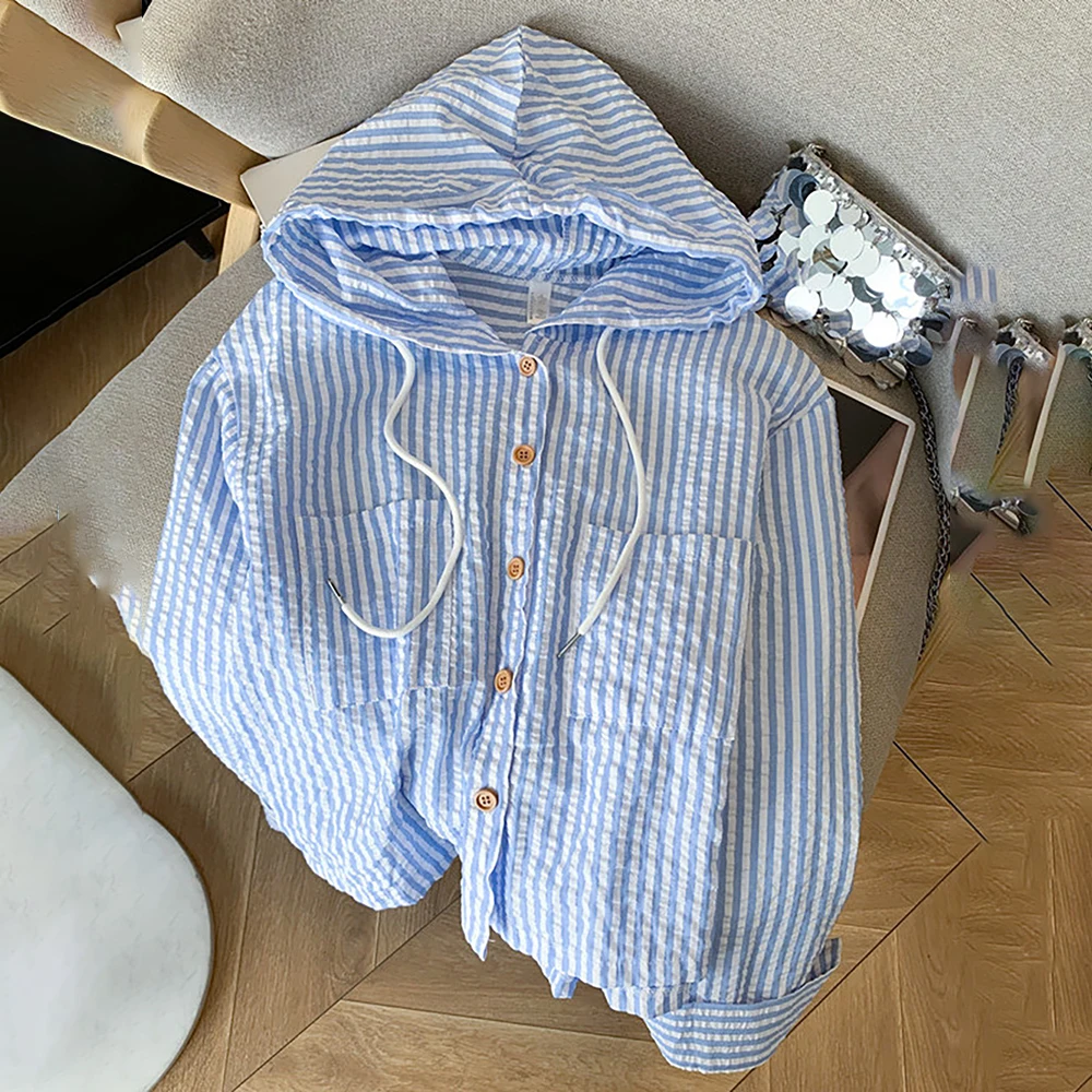 Camicie con cappuccio a righe blu stile coreano Donna Primavera Autunno Manica lunga Cappotto corto Casual Felpe con cappuccio monopetto Top