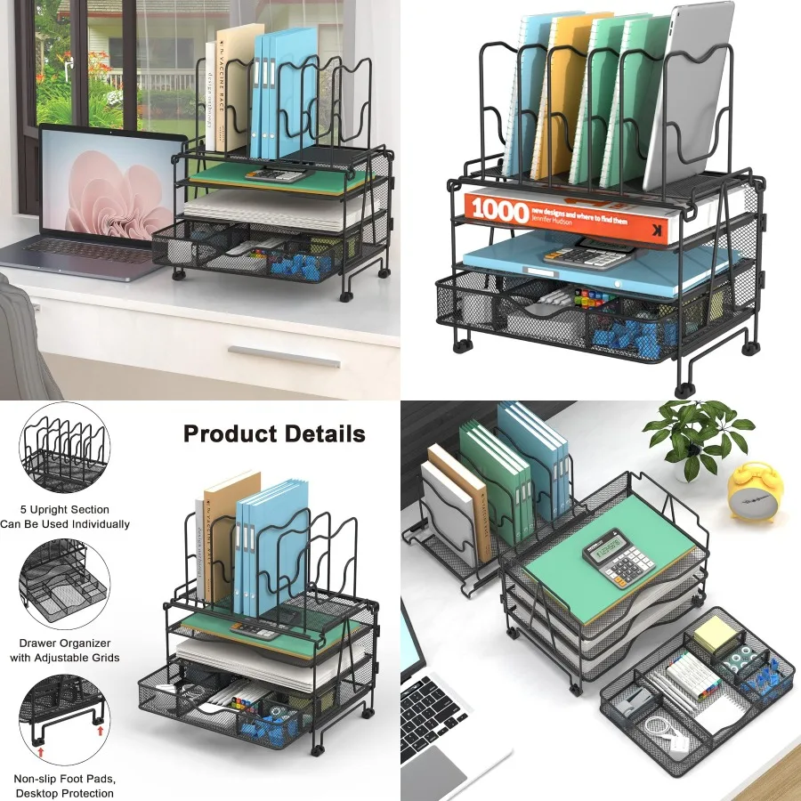 

Mesh Desk Organizer 3-in-1 Desktop Organizer with 3 Tier Tray and 5 Upright Sections File Organizer for Desk with Sliding Drawe