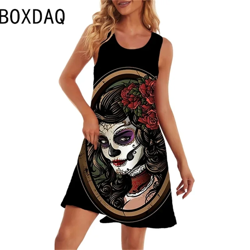 

3D Skull Printed Dress Women Summer Sleeveless Beach Dresses Big Size Casual A-Line Dress Y2K Personality Dress Vestidos