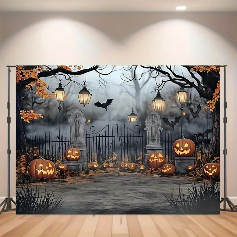 Halloween Ghost Cemetery Pumpkin Lantern Theme Banner Background, Misty Forest Trail Decoration Photography Background Cloth