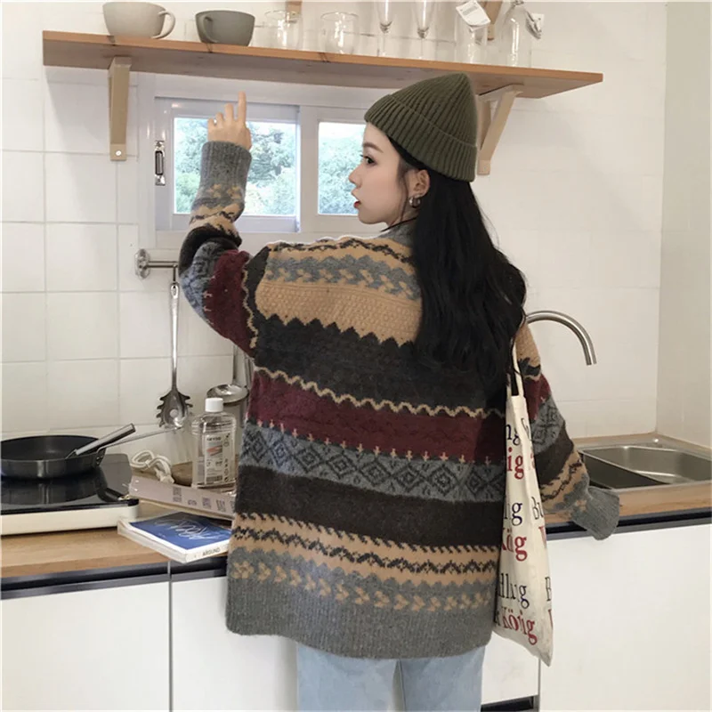 Women Winter Sweater Pullover Knit Jumpers Loose Striped Pull Jumpers Casual Top Argyle Sweater jerseys mujer invierno