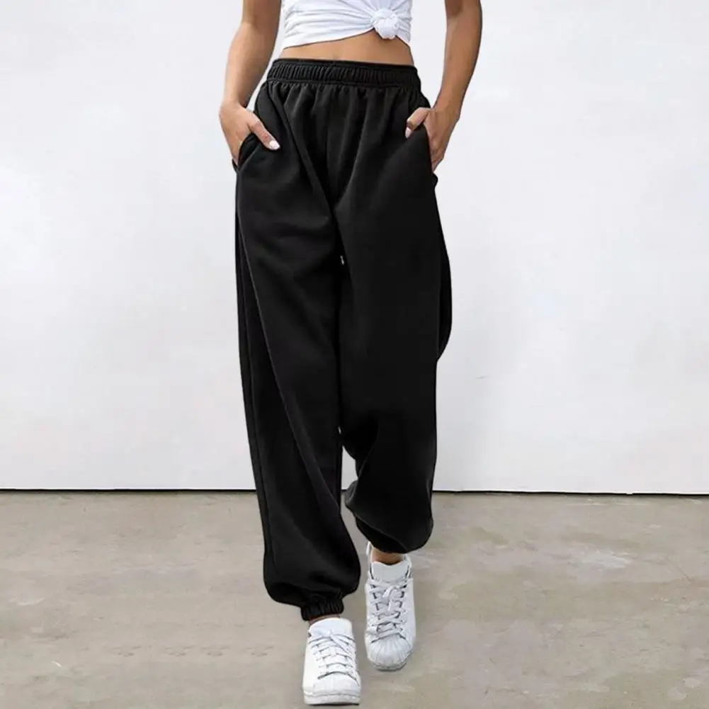 

Women Pants High Elastic Waist Casual Loose Pocket Soft Spring Autumn Ladies Female Wide Leg Sports Cuffed Trousers Womenswear