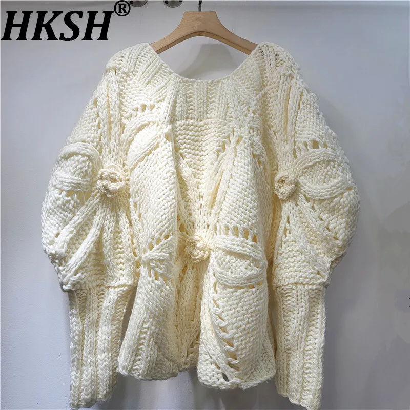 

HKSH Autumn Winter New Women's Sweater O-neck Pullover Crochet Flower Puff Sleeve Versatile Elegant High-end Knitted Top HK15897