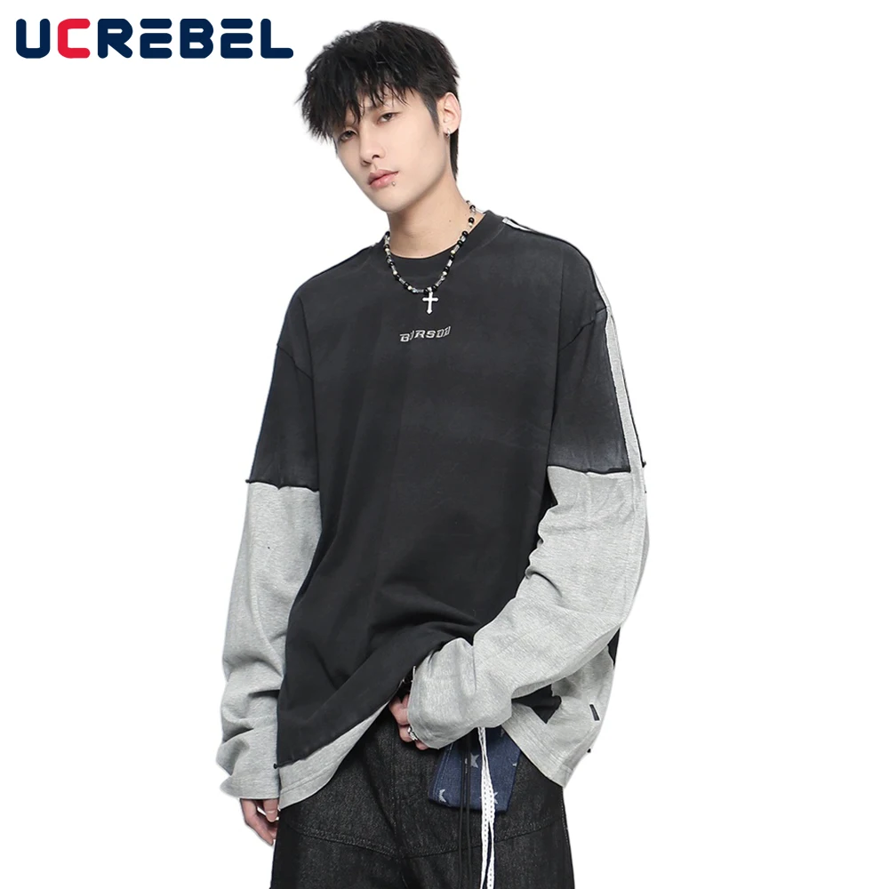 

Letter Embroidery Spliced Long Sleeve T-shirt Mens Autumn Washed Distressed Crew Neck Fake two-piece Cotton Tee Man
