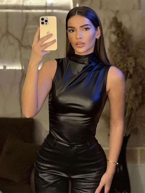 

Elsa Women's Faionable PU Leather Vest Svel High Collar Street Sle 3D Asymmetric Slim Fit Outerwear Pure Color