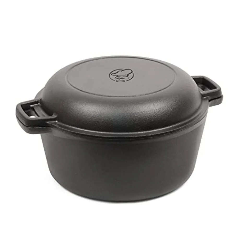 2-in-1 5-Qt Dutch Oven with 10.25-Inch Skillet Lid Pre-Seasoned Cast Iron Cookware for Campfires or Grills Works on All Cooktop