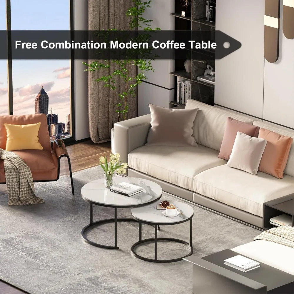 طاولات القهوة البيضاء المتداخلة - تصميم حديث مع قمصان حجرية ملبدة وإطارات معدنية لمساحات المعيشة #6