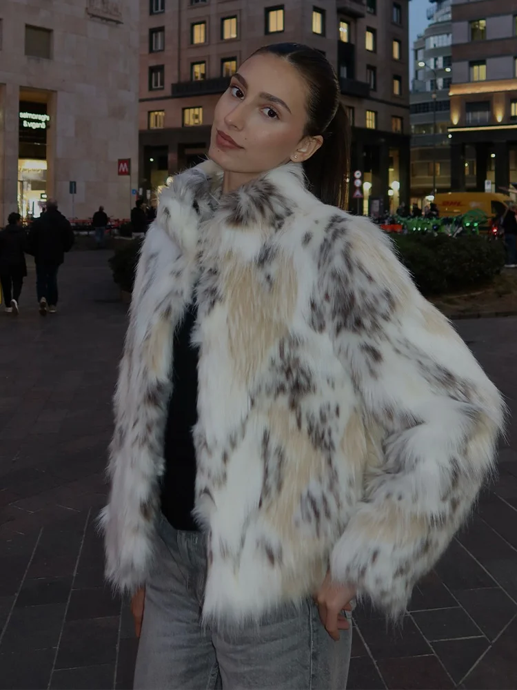 

HH Women Fashion Print Faux Fur Effect Jacket High Collar Long Sleeves Outwear Casual Coat Woman Street Style Winter Warm Jacket